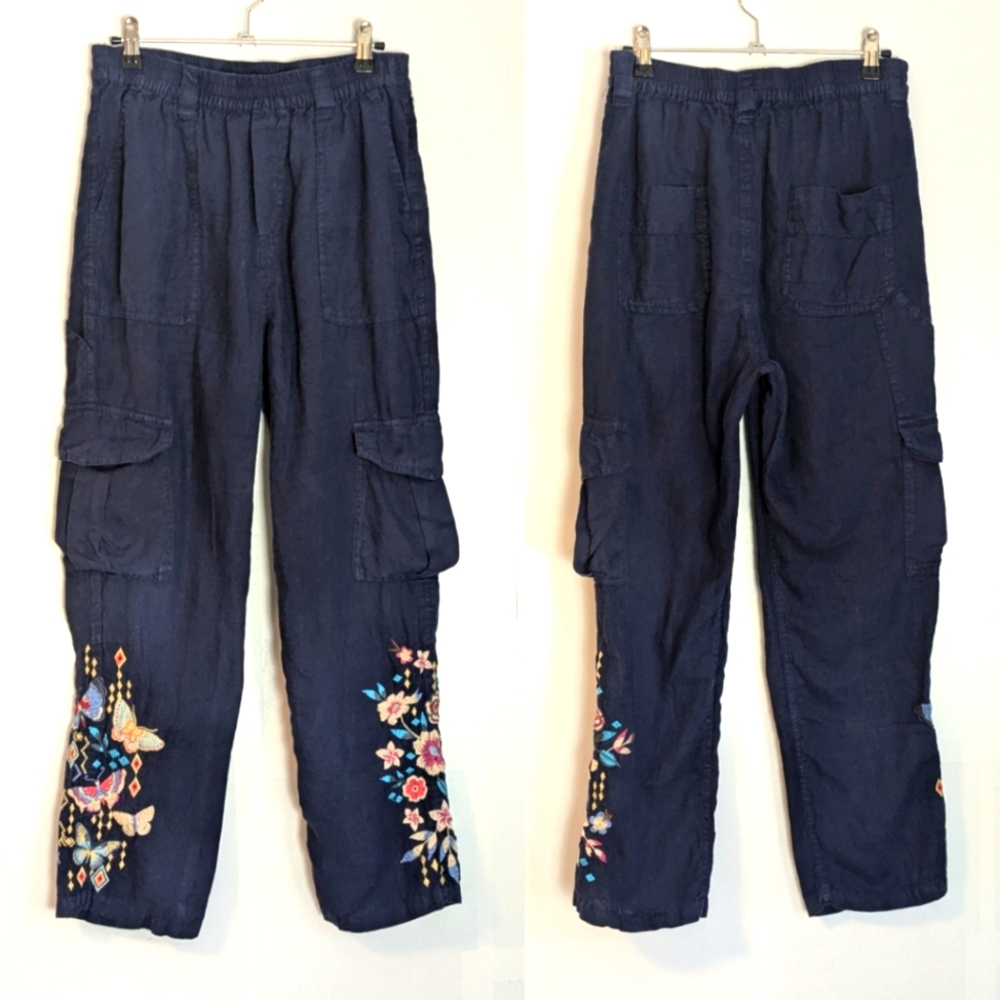 Johnny Was Mariposa Linen Cargo Pant Navy Size S Boho Embroidered